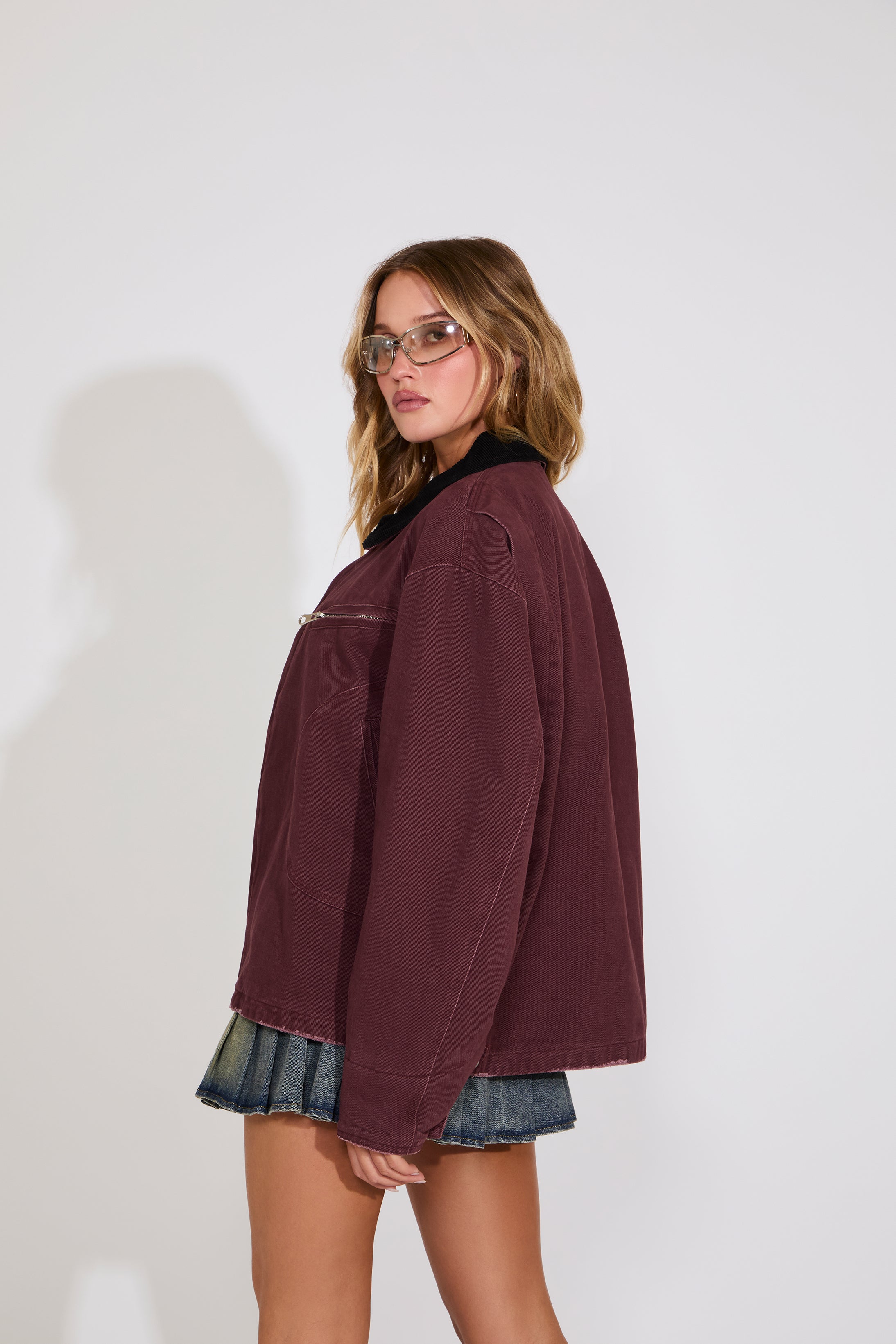 CONTRAST COLLAR MULTI POCKET CANVAS COAT