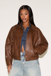 ZIP FRONT COLLARED BAGGY SLEEVE VEGAN LEATHER COAT
