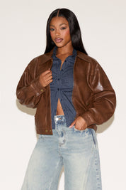 ZIP FRONT COLLARED BAGGY SLEEVE VEGAN LEATHER COAT