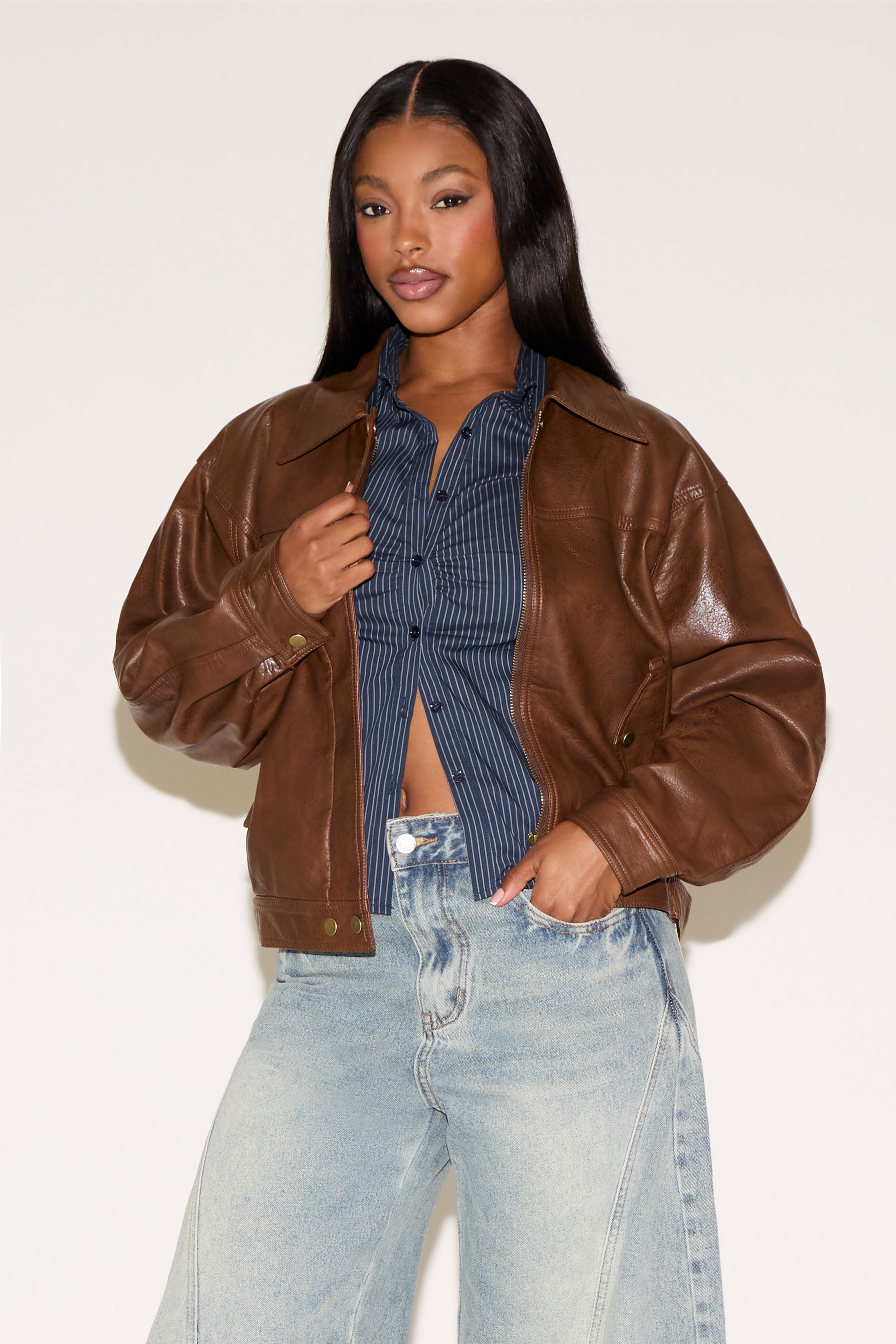 ZIP FRONT COLLARED BAGGY SLEEVE VEGAN LEATHER COAT