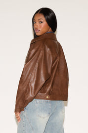 ZIP FRONT COLLARED BAGGY SLEEVE VEGAN LEATHER COAT