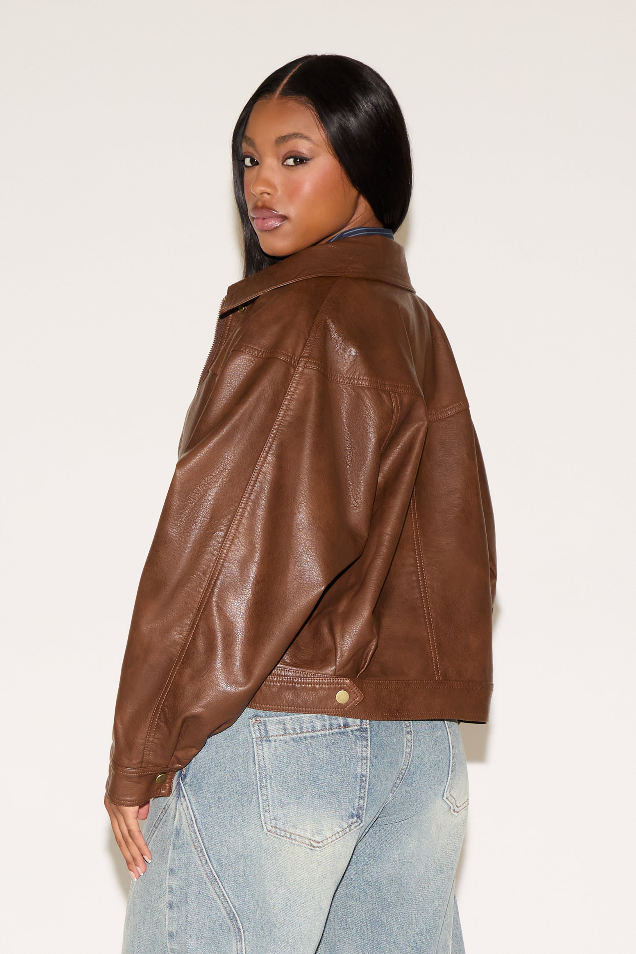 ZIP FRONT COLLARED BAGGY SLEEVE VEGAN LEATHER COAT