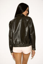 SMALL BOW DETAIL VEGAN LEATHER ZIP UP JACKET