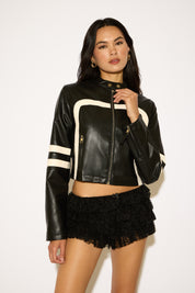 VEGAN LEATHER LOW COLLAR MOTO JACKET WITH STRIPES