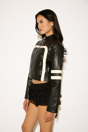 VEGAN LEATHER LOW COLLAR MOTO JACKET WITH STRIPES