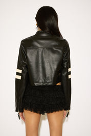 VEGAN LEATHER LOW COLLAR MOTO JACKET WITH STRIPES