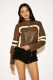 VEGAN LEATHER LOW COLLAR MOTO JACKET WITH STRIPES