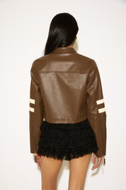 VEGAN LEATHER LOW COLLAR MOTO JACKET WITH STRIPES