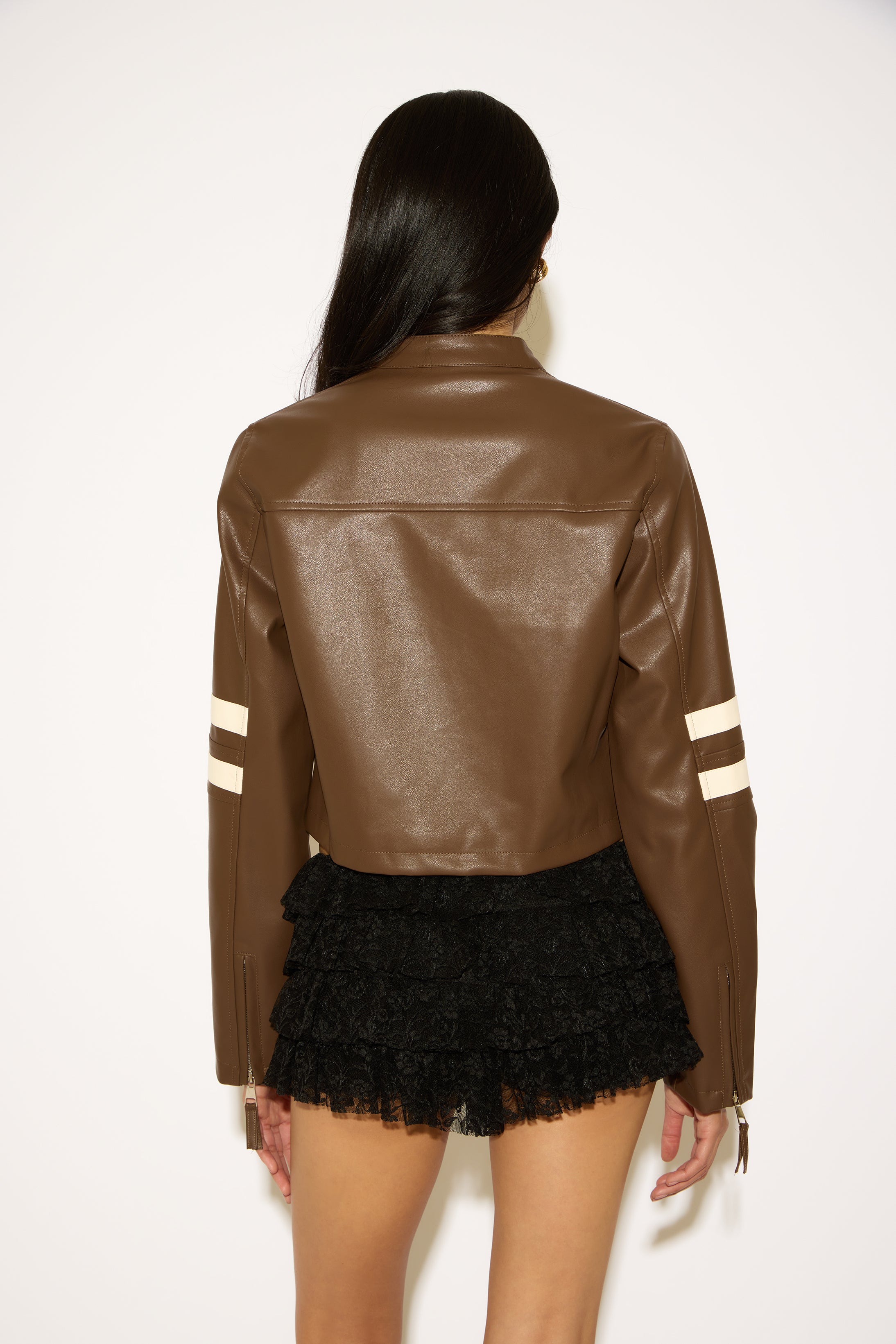 VEGAN LEATHER LOW COLLAR MOTO JACKET WITH STRIPES