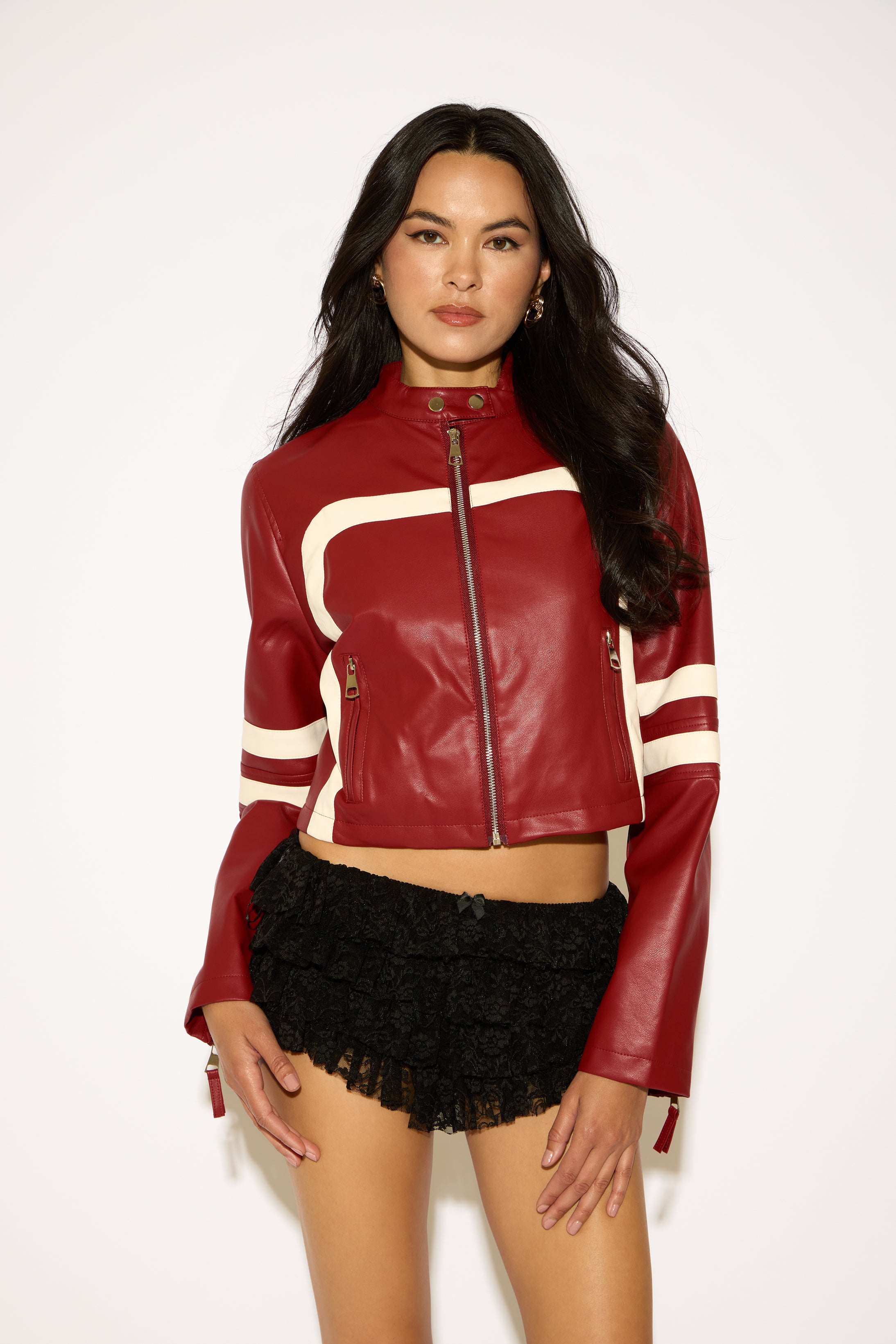 VEGAN LEATHER LOW COLLAR MOTO JACKET WITH STRIPES