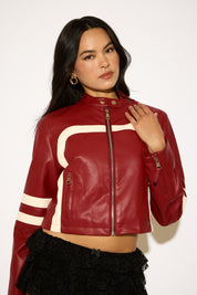VEGAN LEATHER LOW COLLAR MOTO JACKET WITH STRIPES