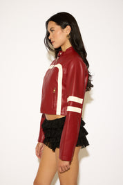 VEGAN LEATHER LOW COLLAR MOTO JACKET WITH STRIPES