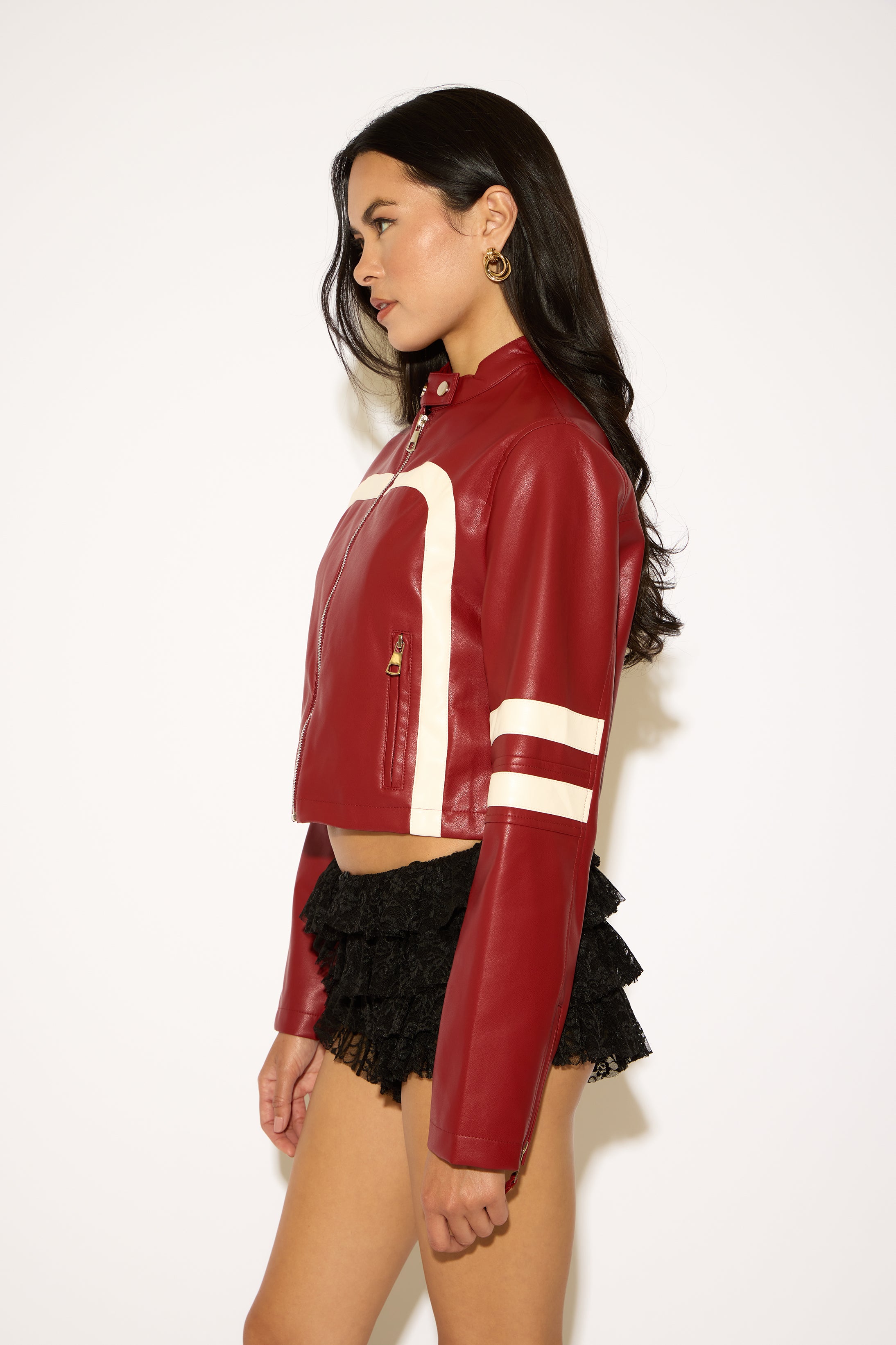 VEGAN LEATHER LOW COLLAR MOTO JACKET WITH STRIPES