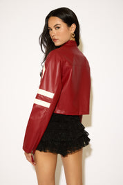 VEGAN LEATHER LOW COLLAR MOTO JACKET WITH STRIPES