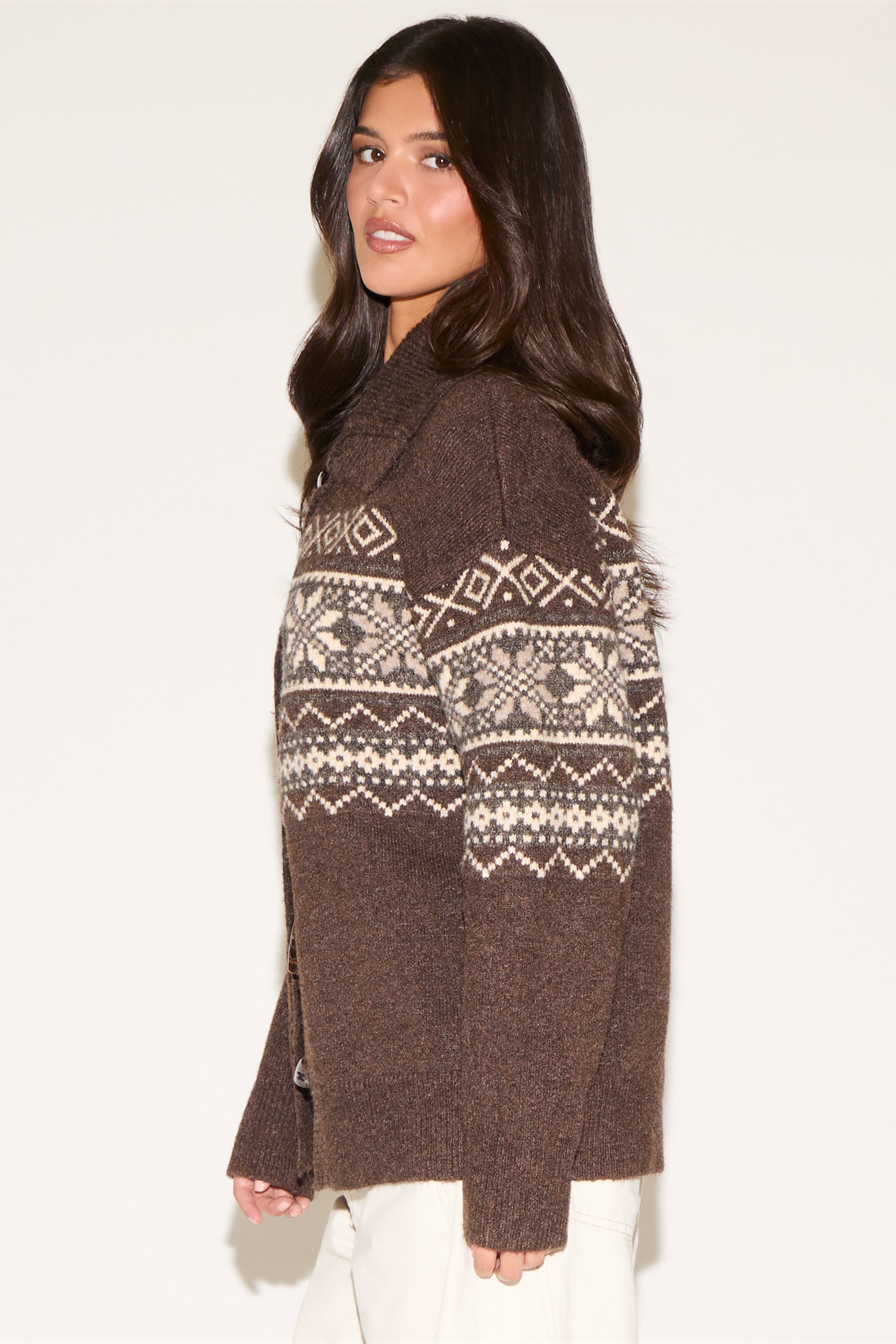 FAIR ISLE KNIT COLLARED SWEATER WITH TOGGLE BUTTONS