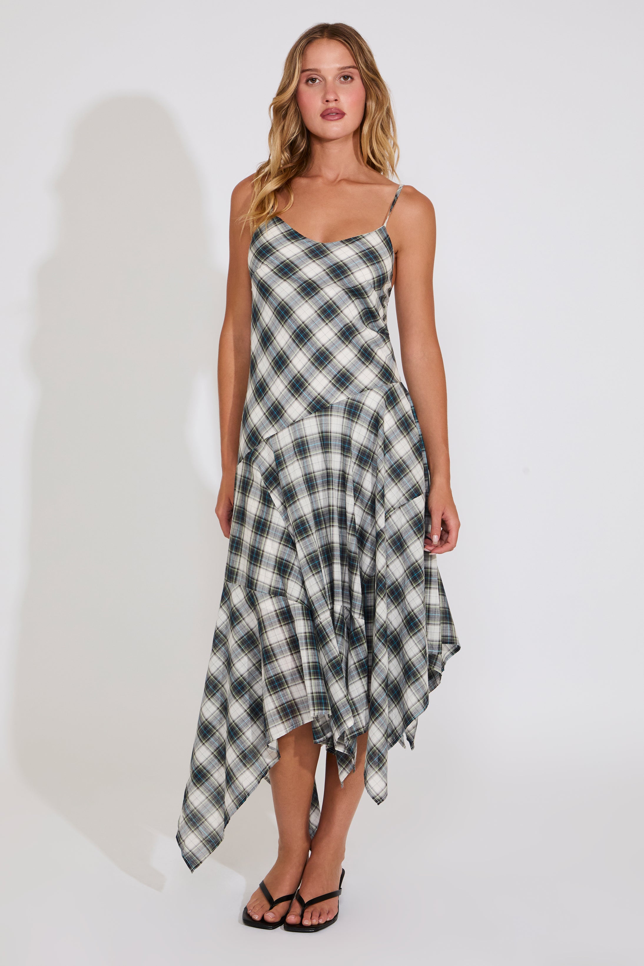 DROP WAIST PLAID SLEEVELESS MIDI DRESS