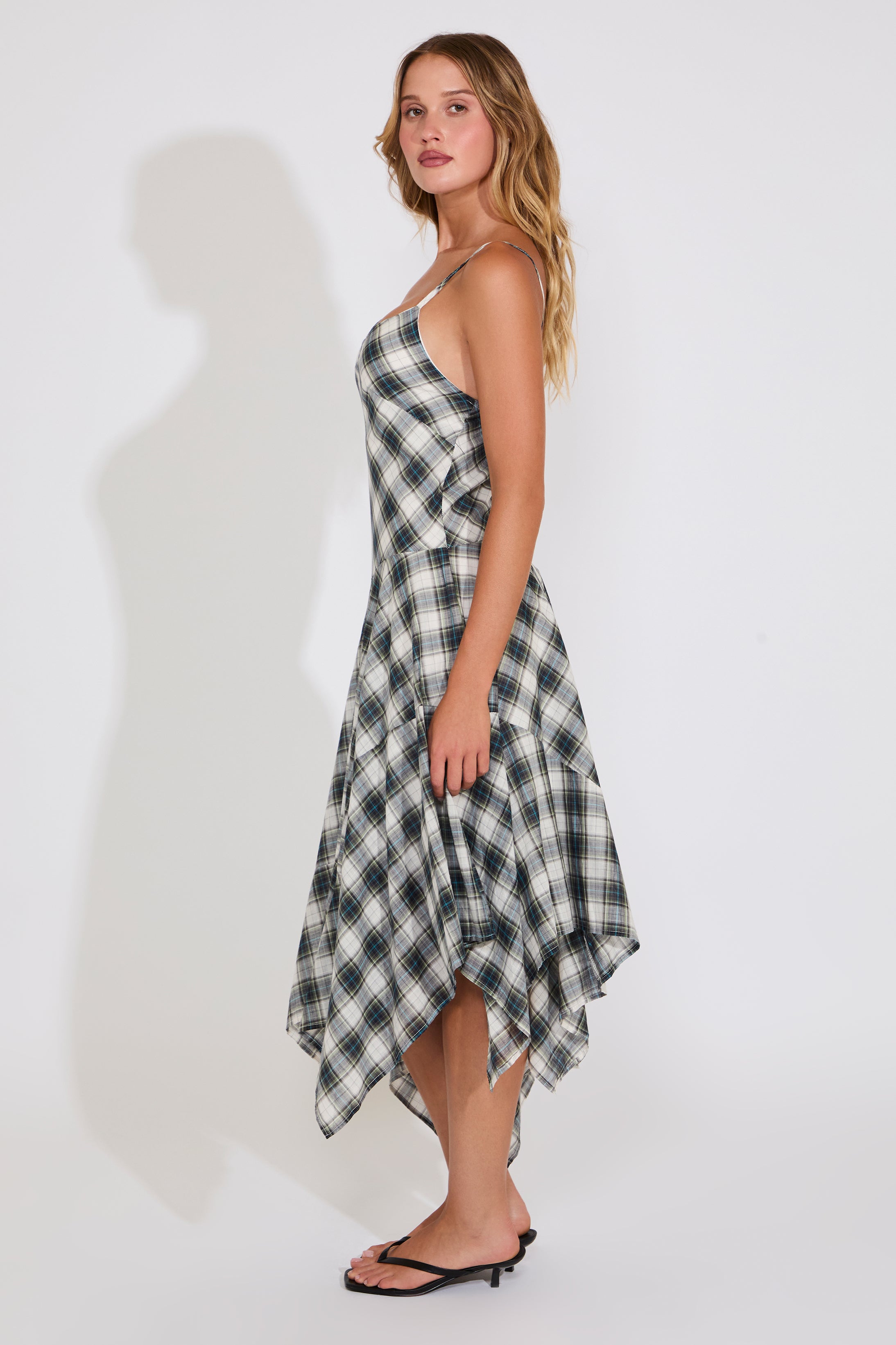 DROP WAIST PLAID SLEEVELESS MIDI DRESS