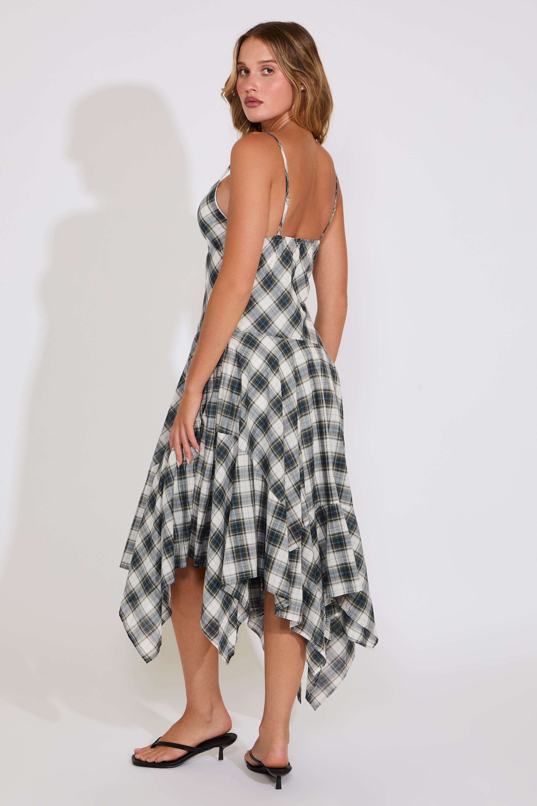 DROP WAIST PLAID SLEEVELESS MIDI DRESS