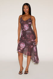 ROSE PRINT ASYMMETRIC RUFFLE HEM SLEEVELESS MINI DRESS