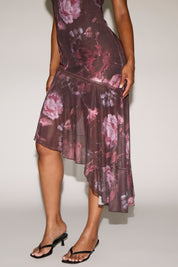 ROSE PRINT ASYMMETRIC RUFFLE HEM SLEEVELESS MINI DRESS