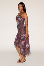 ROSE PRINT ASYMMETRIC RUFFLE HEM SLEEVELESS MINI DRESS