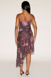 ROSE PRINT ASYMMETRIC RUFFLE HEM SLEEVELESS MINI DRESS