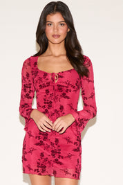 SQUARE NECK FLORAL PRINT LONG BELL SLEEVE MINI DRESS