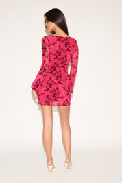 SQUARE NECK FLORAL PRINT LONG BELL SLEEVE MINI DRESS