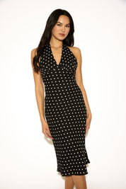TIE V NECK POLKA DOT PRINT EMPIRE WAIST MAXI DRESS