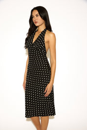 TIE V NECK POLKA DOT PRINT EMPIRE WAIST MAXI DRESS