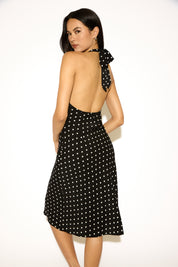 TIE V NECK POLKA DOT PRINT EMPIRE WAIST MAXI DRESS
