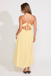 Model is wearing a yellow sleeveless maxi dress on a white background.