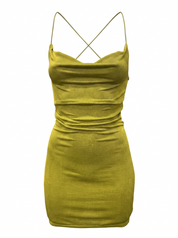Ghost mannequin product image of a green CROSS BACK COWL NECK BODYCON MINI DRESS on a white background.