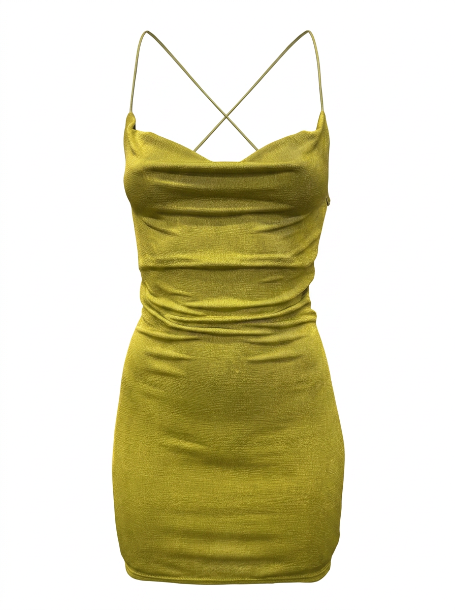 Ghost mannequin product image of a green CROSS BACK COWL NECK BODYCON MINI DRESS on a white background.
