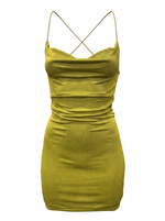Ghost mannequin product image of a green CROSS BACK COWL NECK BODYCON MINI DRESS on a white background.