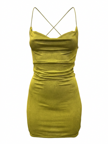 Ghost mannequin product image of a green CROSS BACK COWL NECK BODYCON MINI DRESS on a white background.