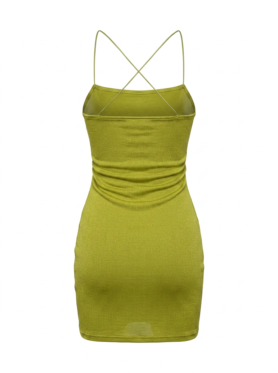 Ghost mannequin product image of a green CROSS BACK COWL NECK BODYCON MINI DRESS on a white background.