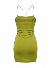 Ghost mannequin product image of a green CROSS BACK COWL NECK BODYCON MINI DRESS on a white background.