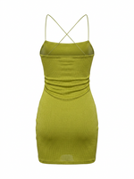Ghost mannequin product image of a green CROSS BACK COWL NECK BODYCON MINI DRESS on a white background.