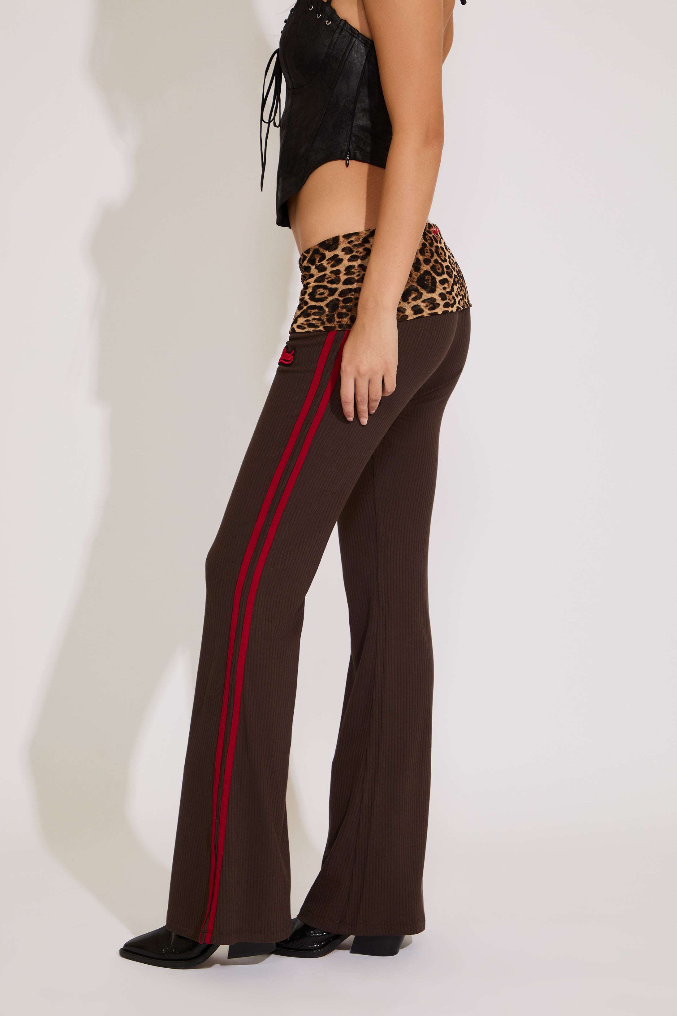 LEOPARD PRINT FOLD OVER WAIST STRIPE PANT