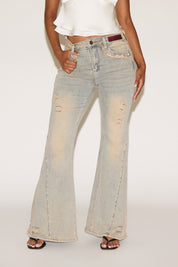 DISTRESSED EXTRA SEAM DETAIL FLARE LEG DENIM PANT