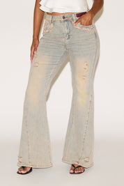 DISTRESSED EXTRA SEAM DETAIL FLARE LEG DENIM PANT