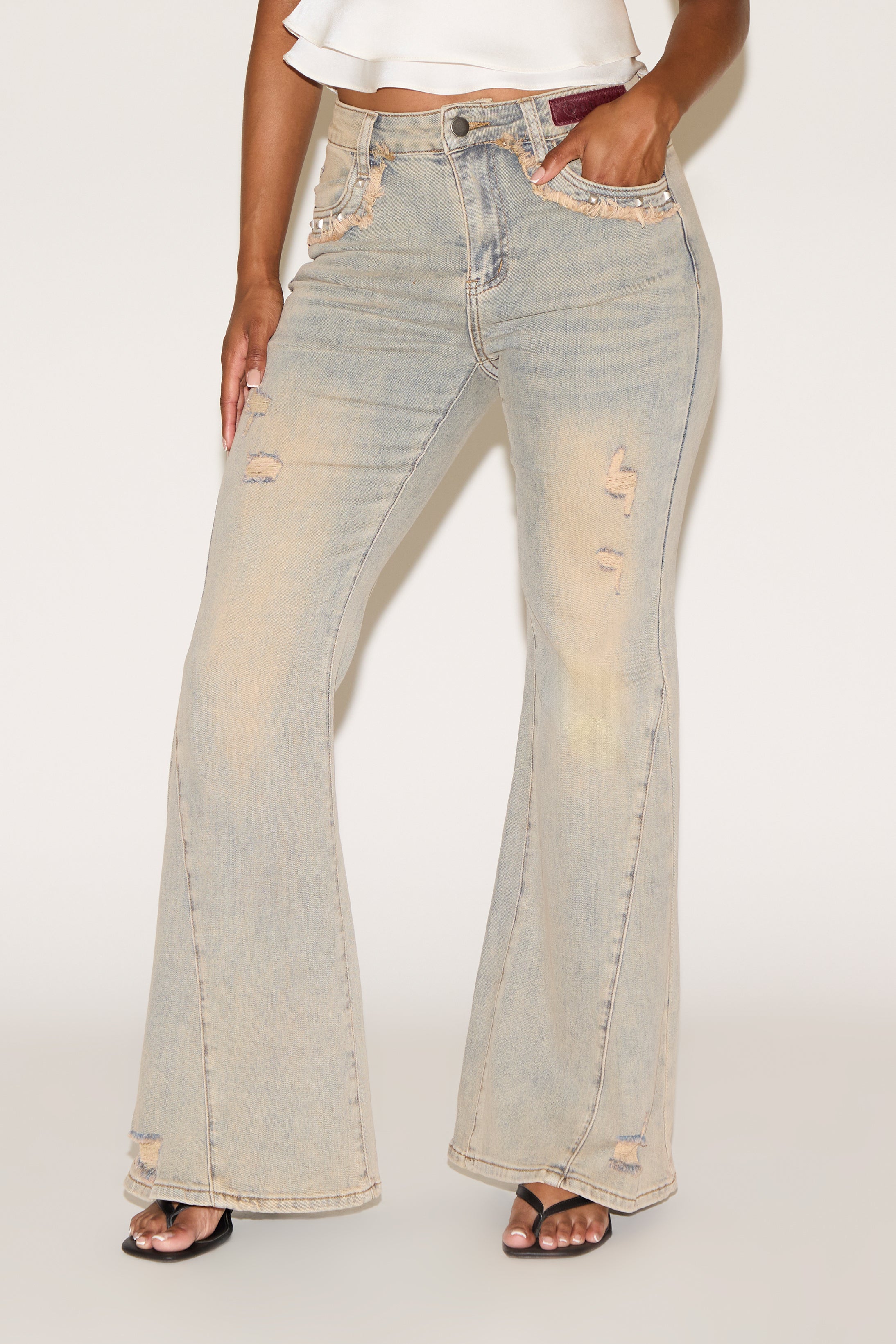 DISTRESSED EXTRA SEAM DETAIL FLARE LEG DENIM PANT