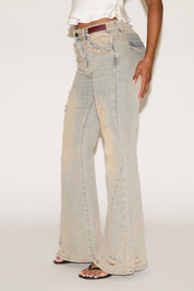 DISTRESSED EXTRA SEAM DETAIL FLARE LEG DENIM PANT