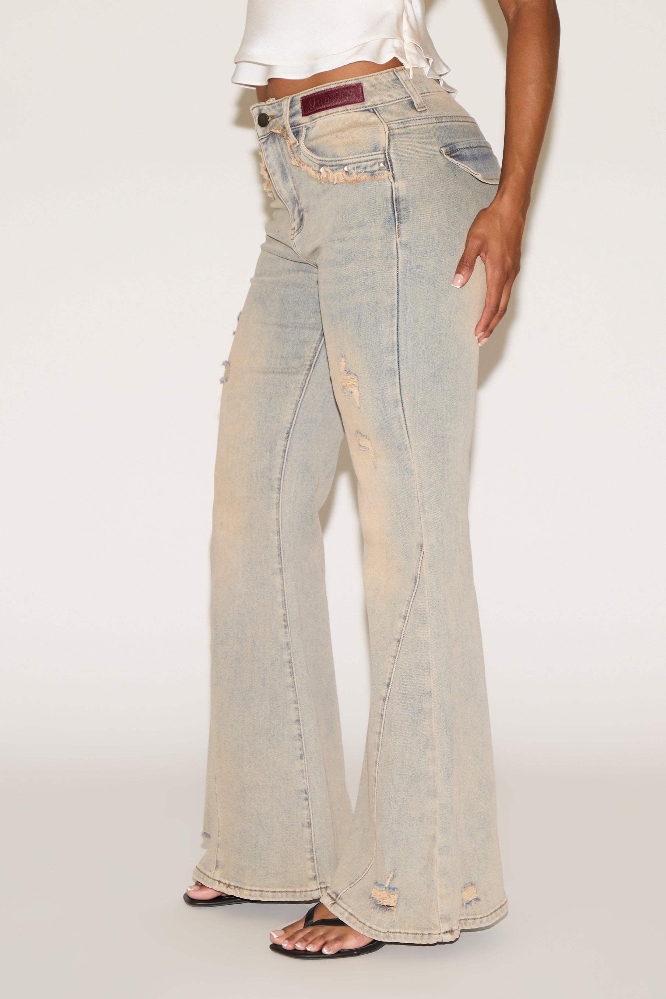 DISTRESSED EXTRA SEAM DETAIL FLARE LEG DENIM PANT