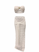 Ghost mannequin product image of a white TEXTURED SHELL DETAIL BRALETTE TOP & MAXI SKIRT SET on a white background.