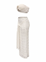 Ghost mannequin product image of a white TEXTURED SHELL DETAIL BRALETTE TOP & MAXI SKIRT SET on a white background.