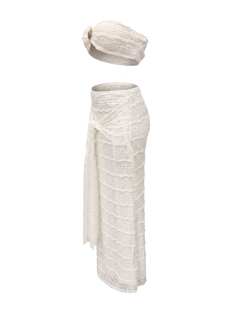 Ghost mannequin product image of a white TEXTURED SHELL DETAIL BRALETTE TOP & MAXI SKIRT SET on a white background.