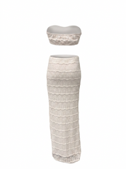 Ghost mannequin product image of a white TEXTURED SHELL DETAIL BRALETTE TOP & MAXI SKIRT SET on a white background.