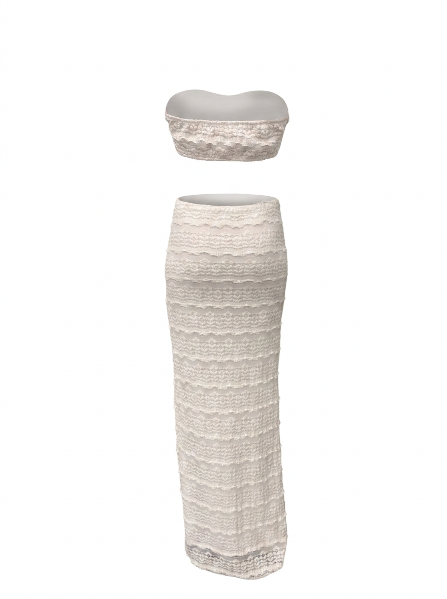 Ghost mannequin product image of a white TEXTURED SHELL DETAIL BRALETTE TOP & MAXI SKIRT SET on a white background.